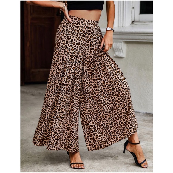 Boho Camel leopard print Wide leg Palazzo Pocket Pants - Picture 2 of 5
